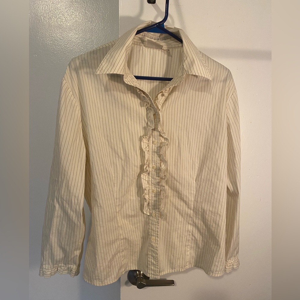 Cream Striped Ruffle Blouse